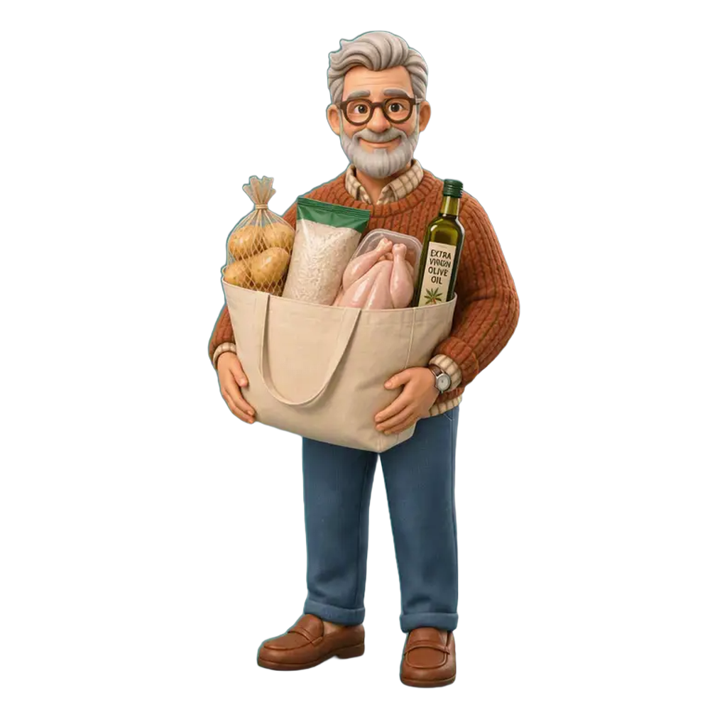 Reg carrying a bag of groceries for the flare-day essentials shop